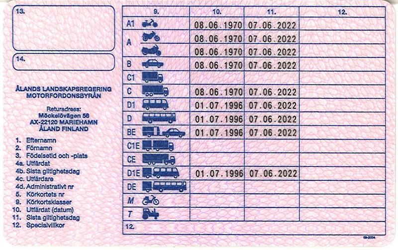 Finland FIN8B driving licence - Back