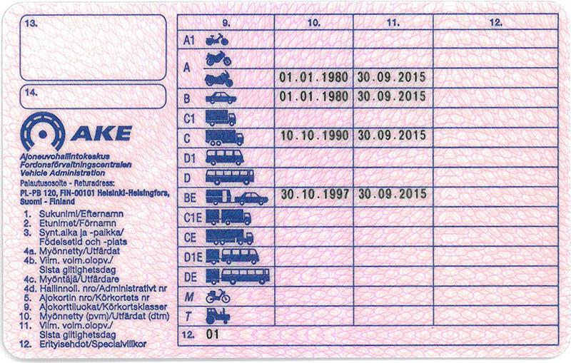 Finland FIN4C driving licence - Back