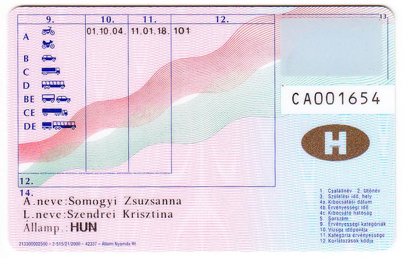 Hungary HU1 driving licence - Back