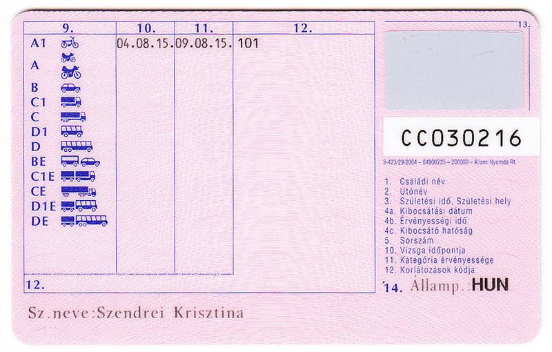 Hungary HU2 driving licence - Back