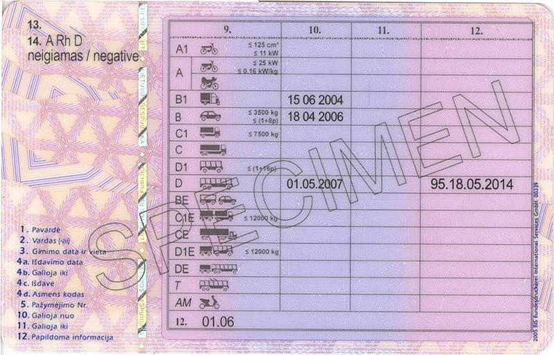 Lithuania LT5 driving licence - Back