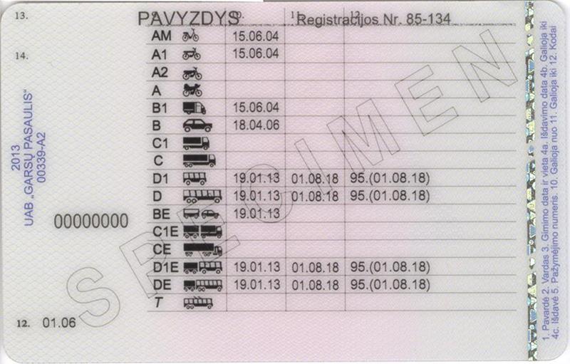Lithuania LT7 driving licence - Back