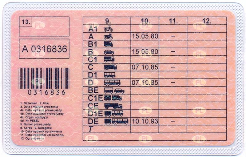 Poland PL1 driving licence - Back