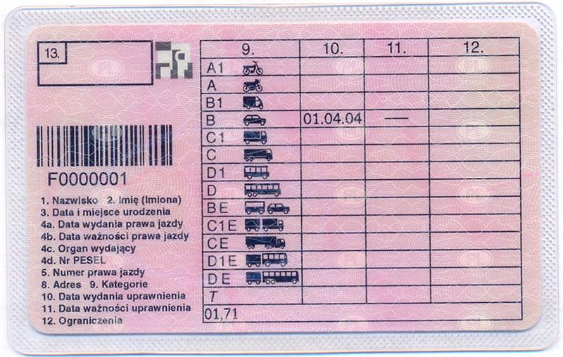 Poland PL3 driving licence - Back