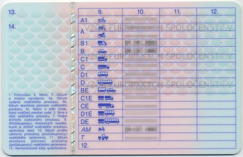 Slovakia SK2 driving licence - Back
