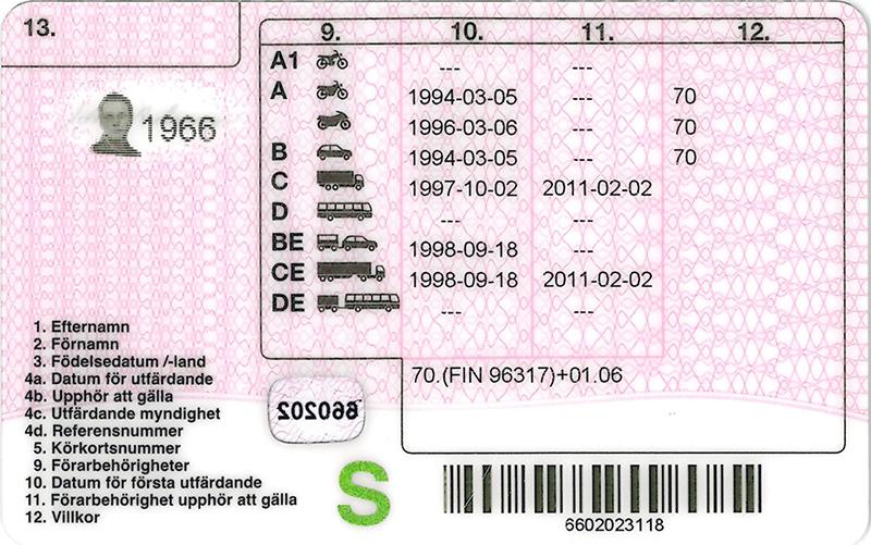 Sweden SE3 driving licence - Back