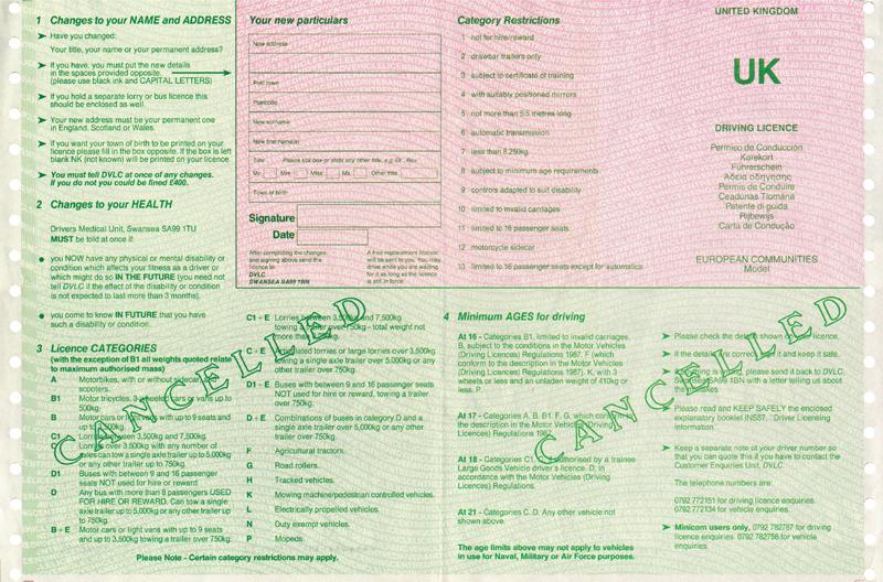 United Kingdom UK3 driving licence - Back